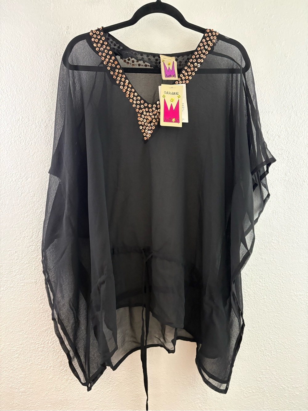 Original Antthony black kaftan top studded embellishments around v-neckline L